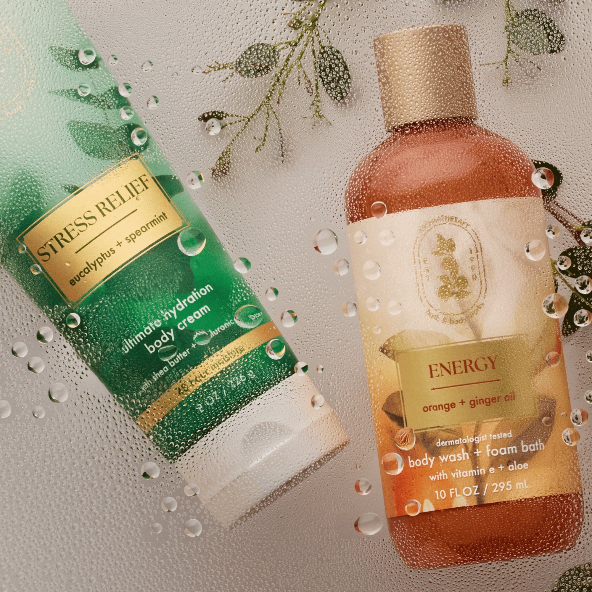 Stress Relief and Energy wellness body care with fresh water droplets